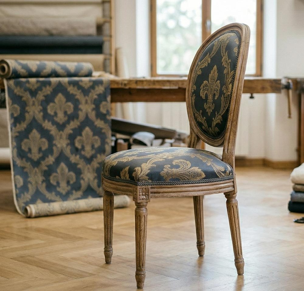 Chaises Louis XVI, tissu Jacquard, finition passepoil